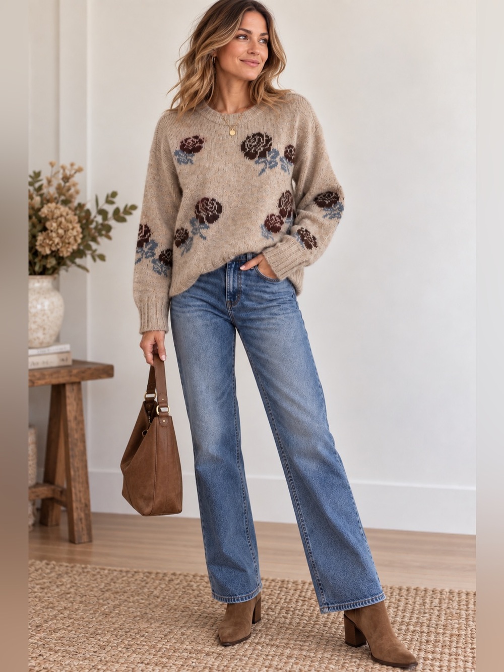 BE COOL Beige Crewneck Sweater with Brown & Blue Floral Motif